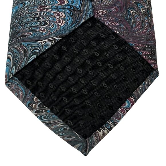 Marbled Masterpieces Men's Blue Marbled Hand Painted Silk Necktie Tie - Picture 8 of 8